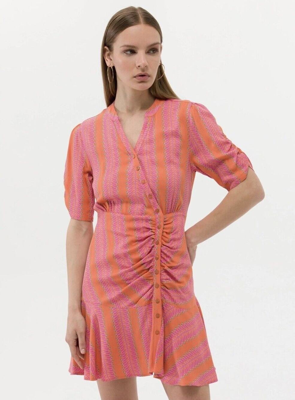 Pierre Cardin Elbise Dress Button Up Ruffle Asymmetrical Orange Pink Sz 42 L